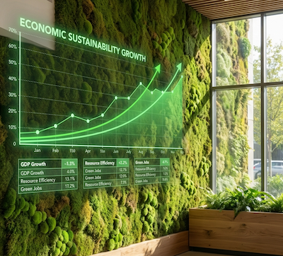 Stylized green chart showing economic sustainability growth on a living wall.